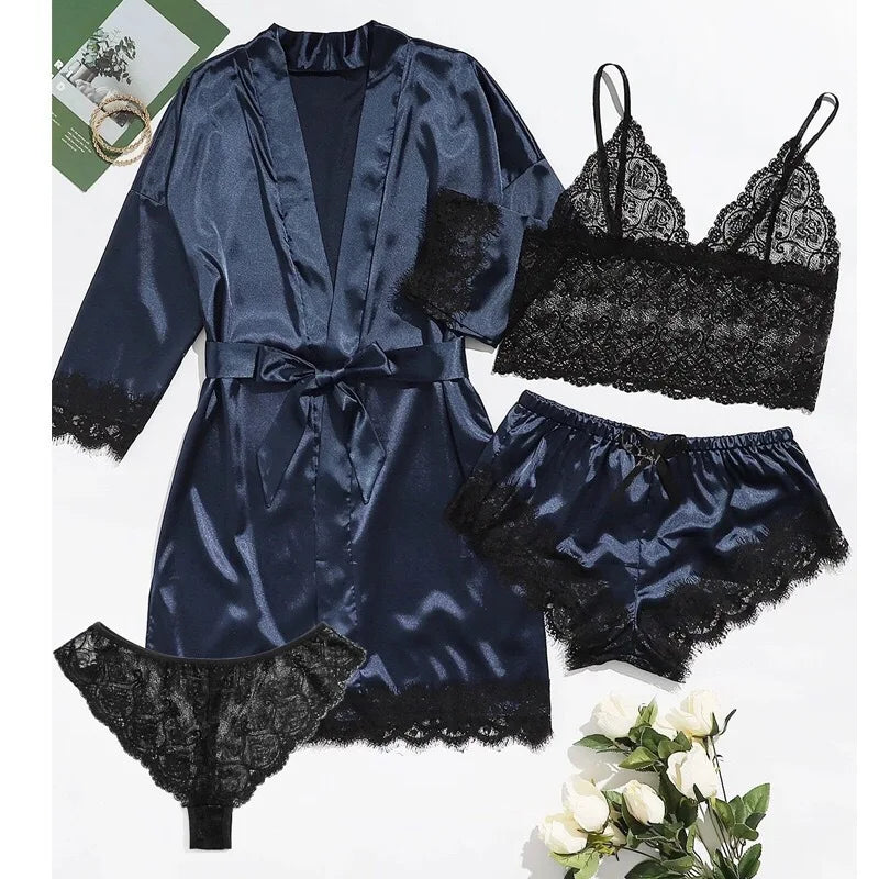 new Women's Sleep Lounge New Pajama Sets European American 4-piece set with lace satin suspender summer set for sleeping pajamas