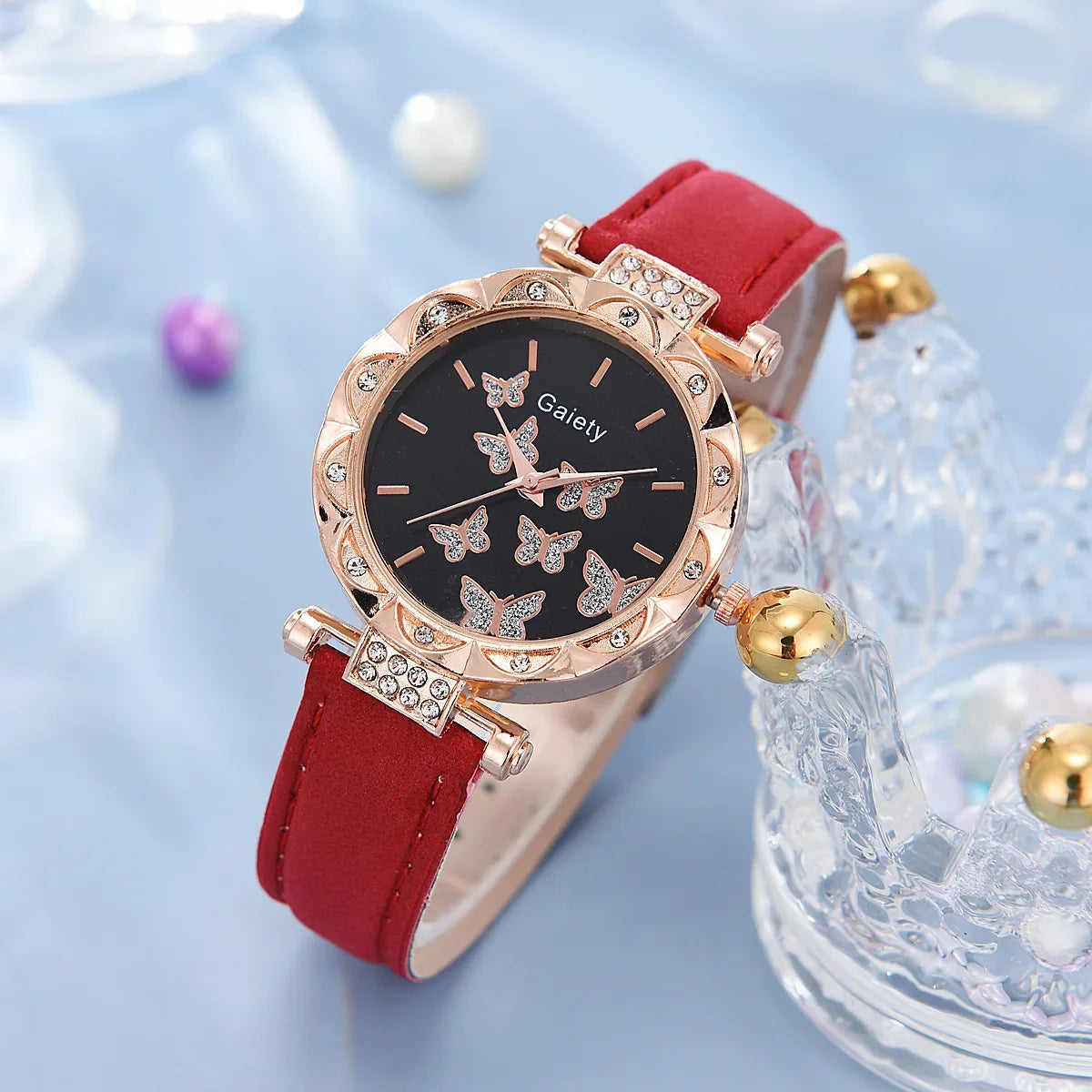 6/1pcs Set Watch for Women Cute Butterfly Crystal Rhinestone Women Watches Ring Necklace Earrings Bracelet Set (No Box) 시계