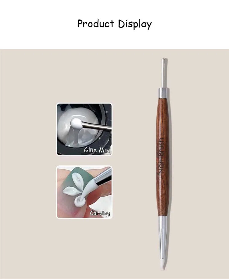 Double Head Nail Art Brush Silicone Spatula Brush Carving Flower Painting Pen Stainless Steel UV Glue Mixed DIY Manicure Tools