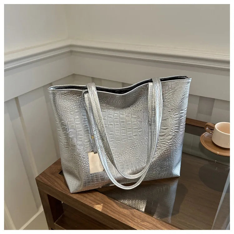 Fashion Casual Women Shoulder Bags Silver Gold Black Crocodile Handbag PU Leather Female Big Tote Bag Ladies Shopping Bag