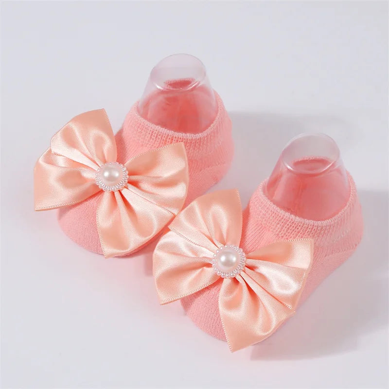 Baby Pearl Bow Solid Color Floor Socks Newborn Infant Knitted Breathable Socks Sweet Cute Girls Princess Children Birthday Gifts