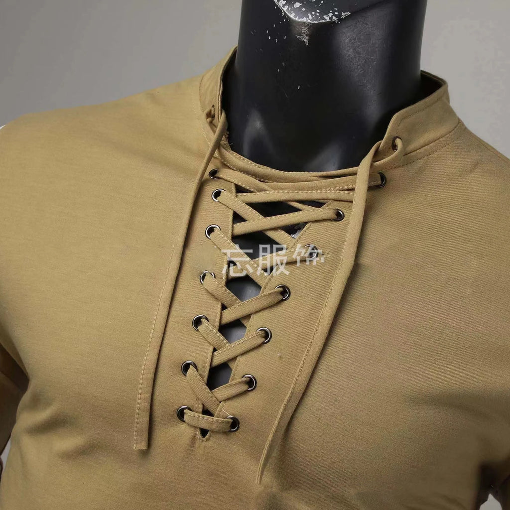 2025 Spring Autumn Men T-Shirts Mesh Patchwork Long Sleeve Top Tees Solid Lace Up V-Neck Casual Bottom Blouse Men Tees Tops