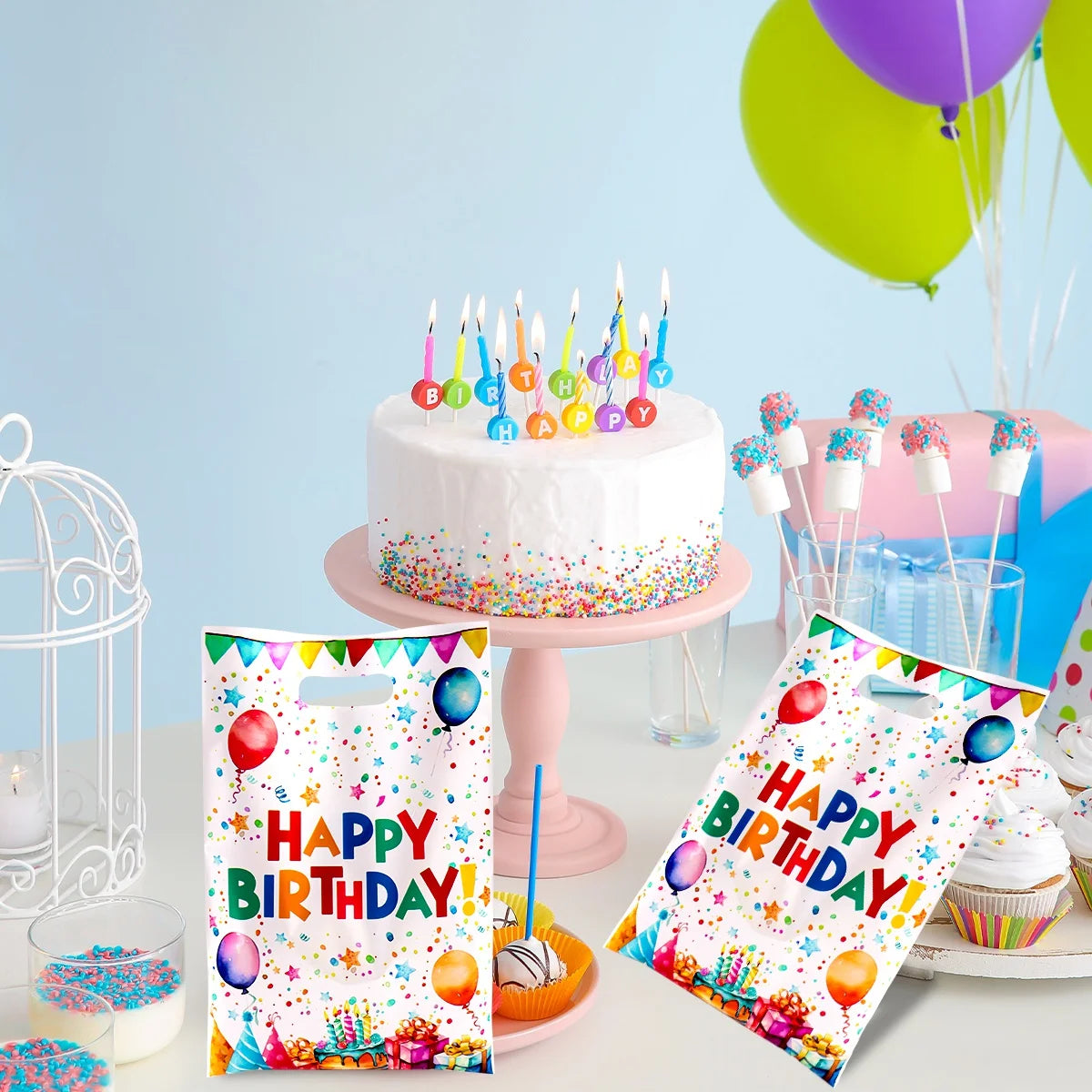 10/20/50pcs Happy Birthday Gift Bags Colorful Party Favor Bags Plastic Tote Bags for Kids Adults Happy Birthday Party Decoration