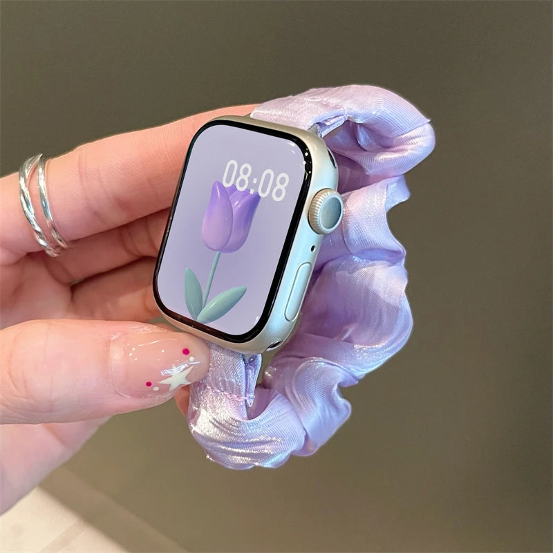 INS Chiffon Ice Silk Elastic Scrunchie Strap For Apple Watch 7 8 6 5 4 Slim Girl Band Loop Bracelet For iWatch 41mm 40 44 45 49