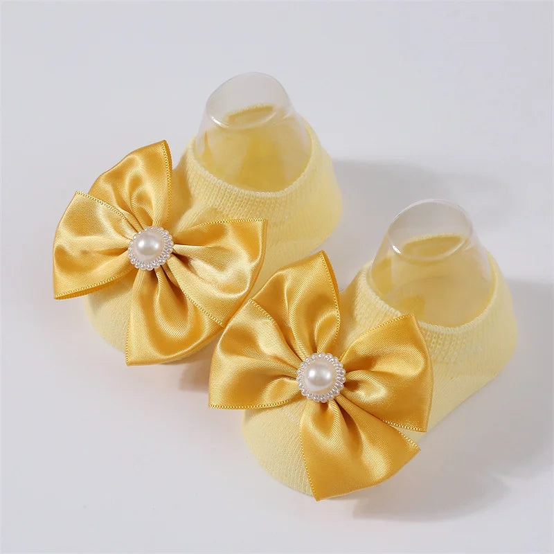 Baby Pearl Bow Solid Color Floor Socks Newborn Infant Knitted Breathable Socks Sweet Cute Girls Princess Children Birthday Gifts
