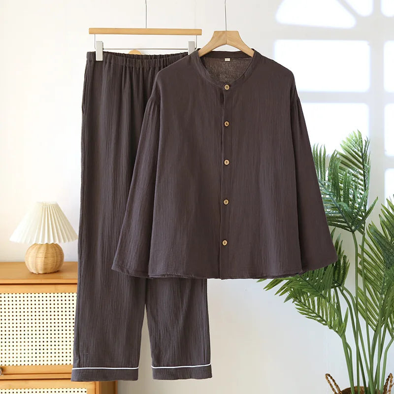 Men's Cotton Double-layer Gauze Pajamas Round Neck Long Sleeved Cardigan Home Trousers Pajamas Set for Spring and Summer