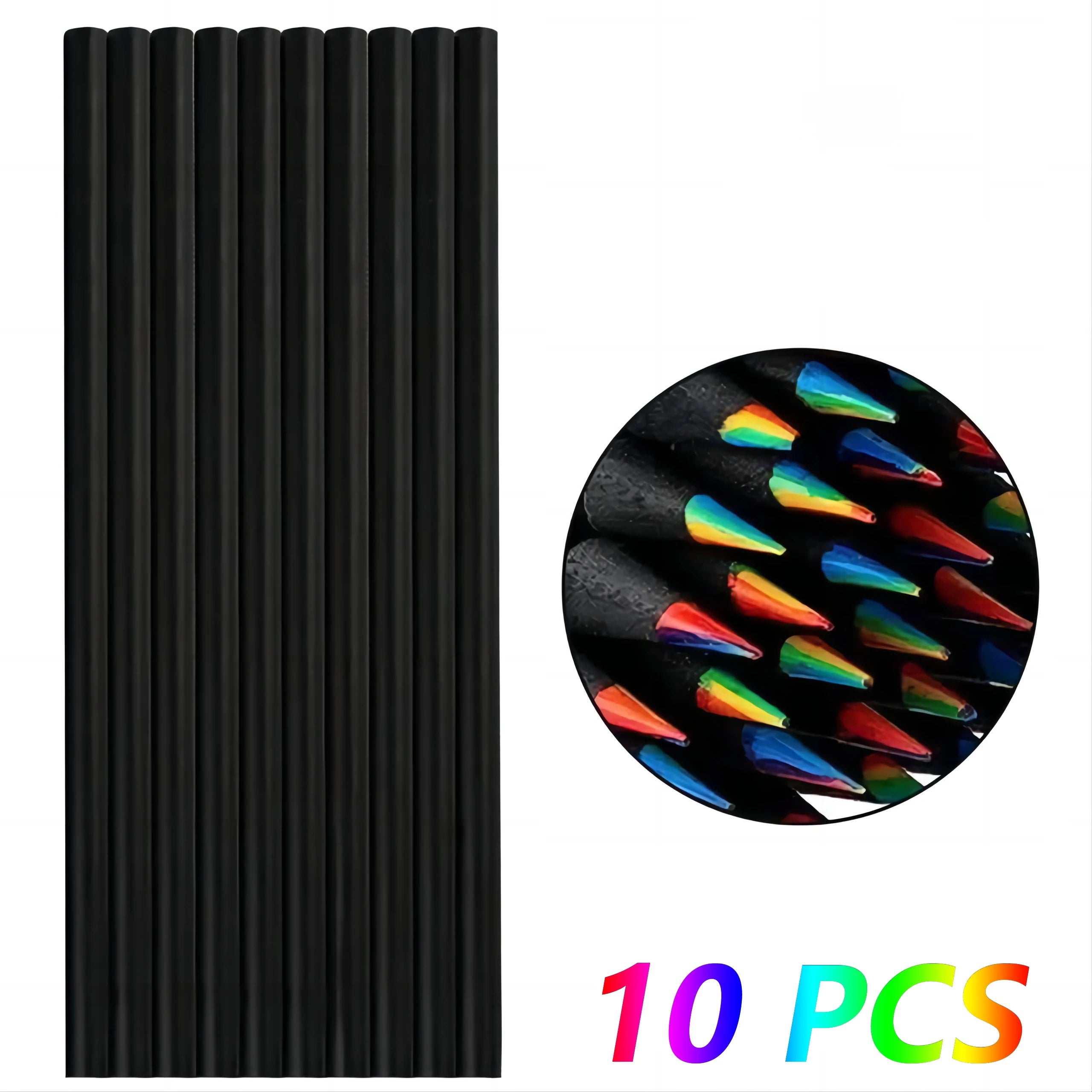 10 Pcs 7-in-1 Rainbow Colored Black Wood Pencils for Sketching Doodling Coloring Painting - Assorted Colors
