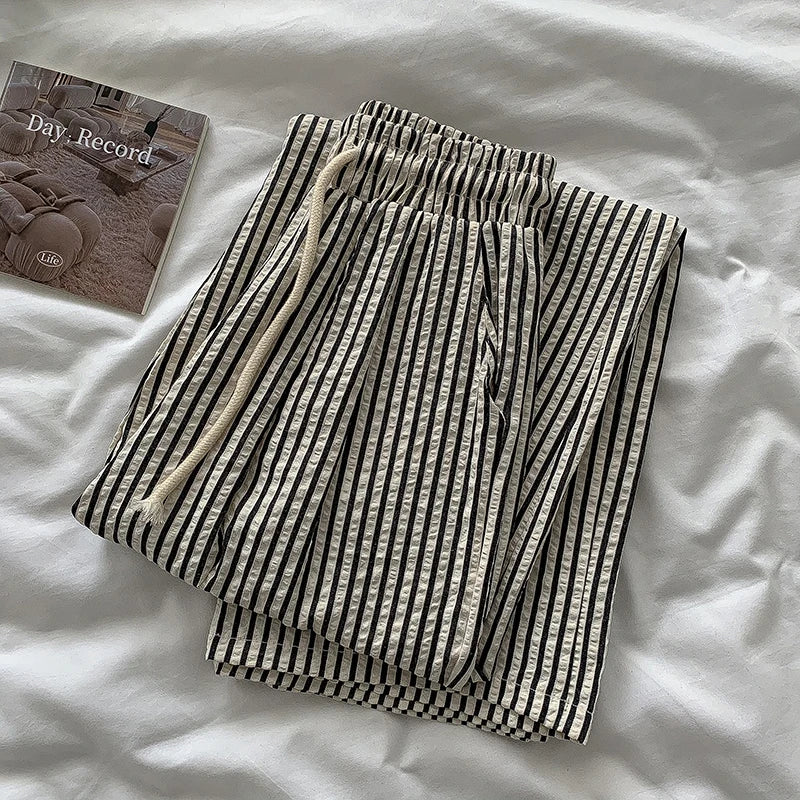 Korean Laid-ba Striped Drapey Casual Pants Women's High-waist Elastic Thin Straight Long Trousers Summer Faion Commute