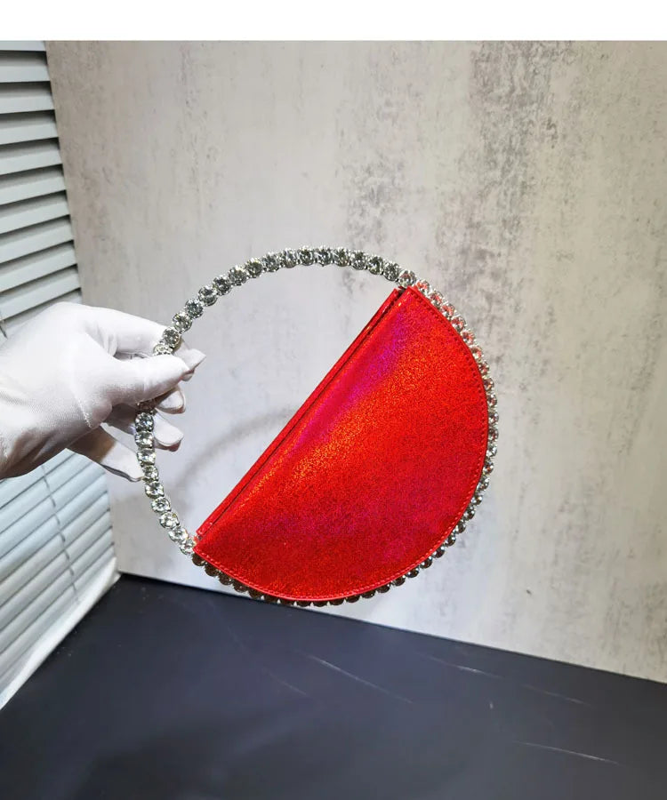 Lady Blue/Pink Diamond Circular Evening Bag Women Fushia Round Handle Rhinestone Dinner Clutch Purse Ladies Half Moon Handbags