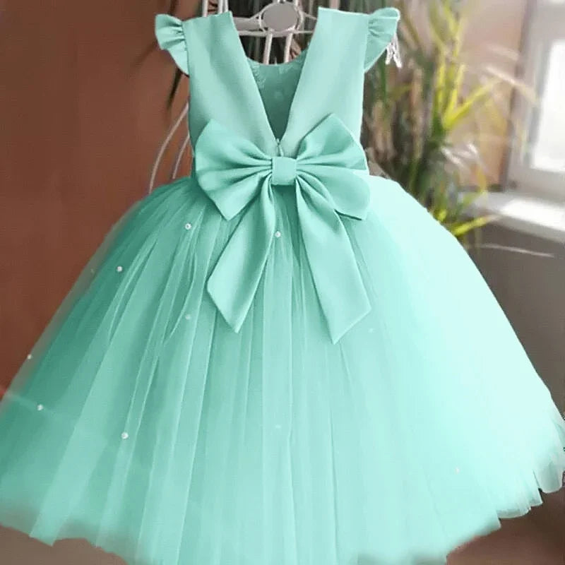 Toddler Girl Flower Birthday Tulle Dress Backless Bow Wedding Gown Kids Party Wear Princess Pink Outfit Baby Girls Bowknot Dress