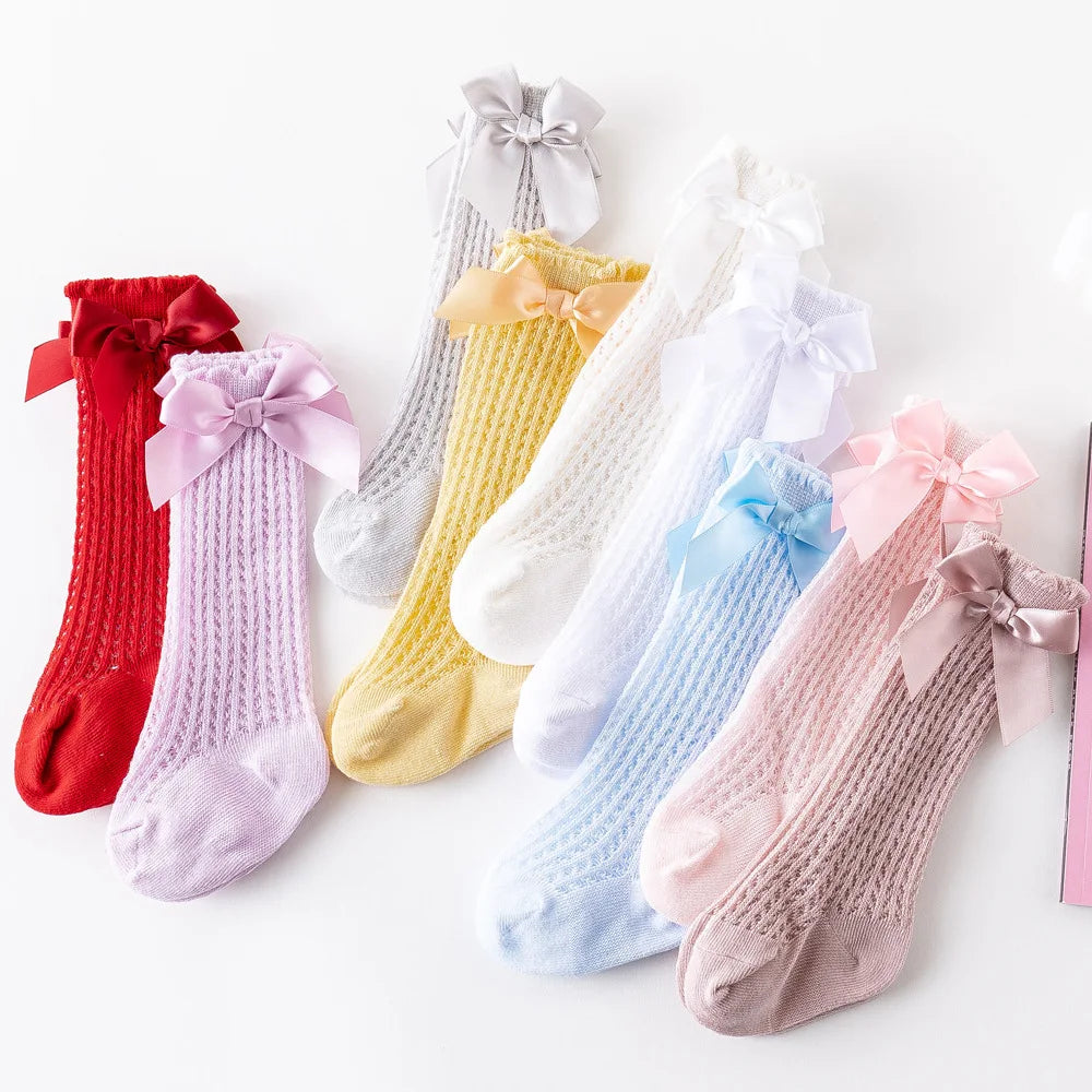 Simmer Spring Mesh Thin Cotton Korean Bow White Stockings Baby Princess Knee High Long Socks with Lace Ruffles for Newborn Girls