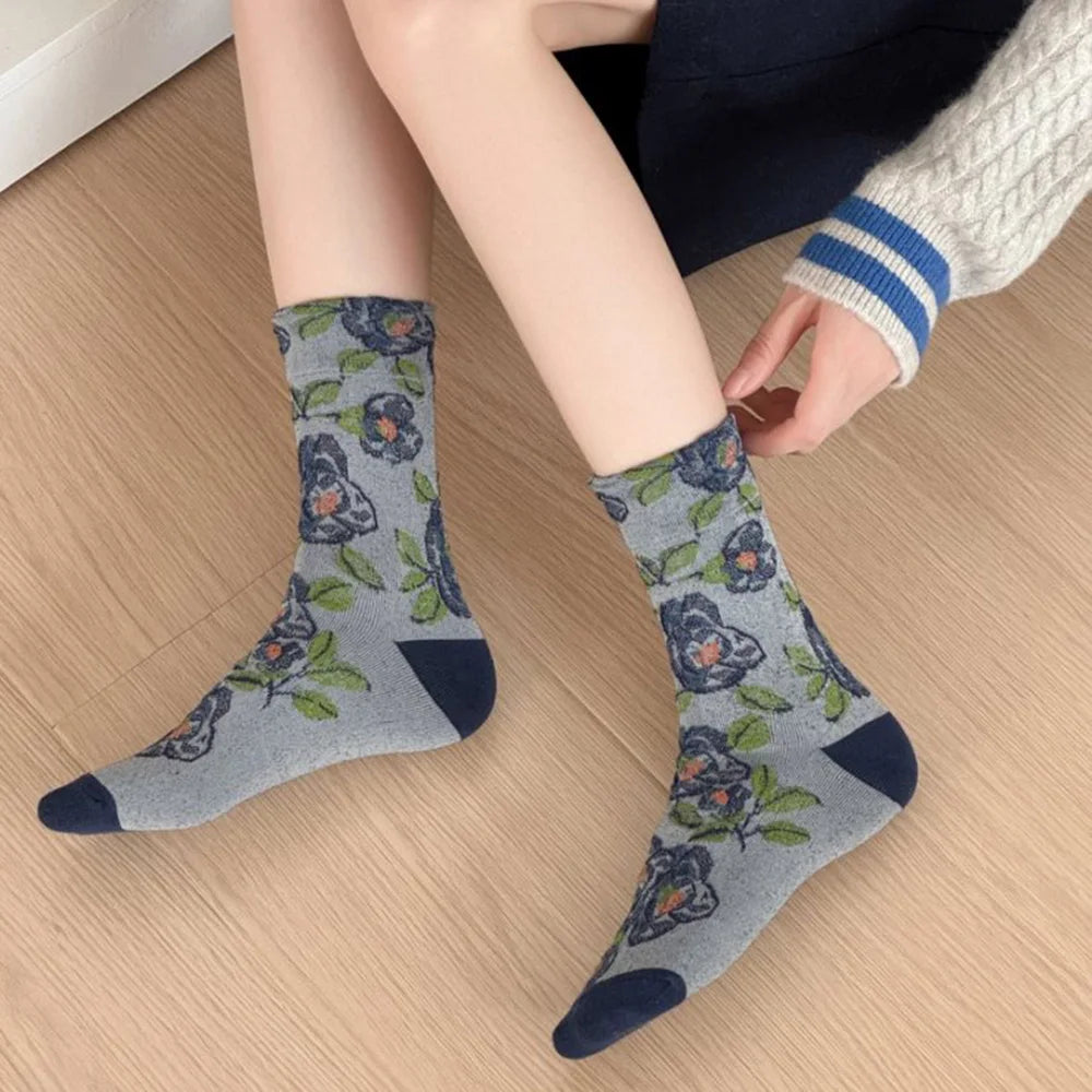 5 Pair Cute Print Socks For Women Long Autumn Winter Fashion Versatile Casual Ethnic Style Vintage Women's Socks Set 2025 New