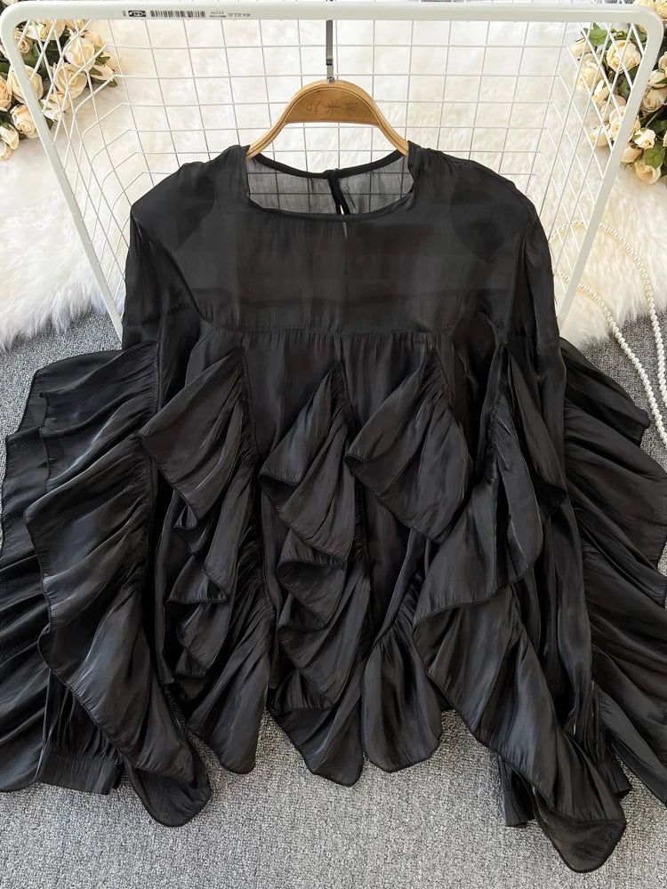 Women Spring Autumn Blouse New European American Vintage Round Neck Ruffle Loose Long Sleeved Foreign Style Irregular Top D2338