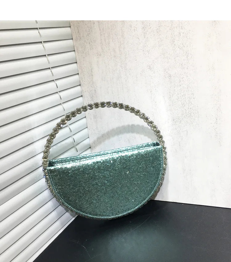 Lady Blue/Pink Diamond Circular Evening Bag Women Fushia Round Handle Rhinestone Dinner Clutch Purse Ladies Half Moon Handbags