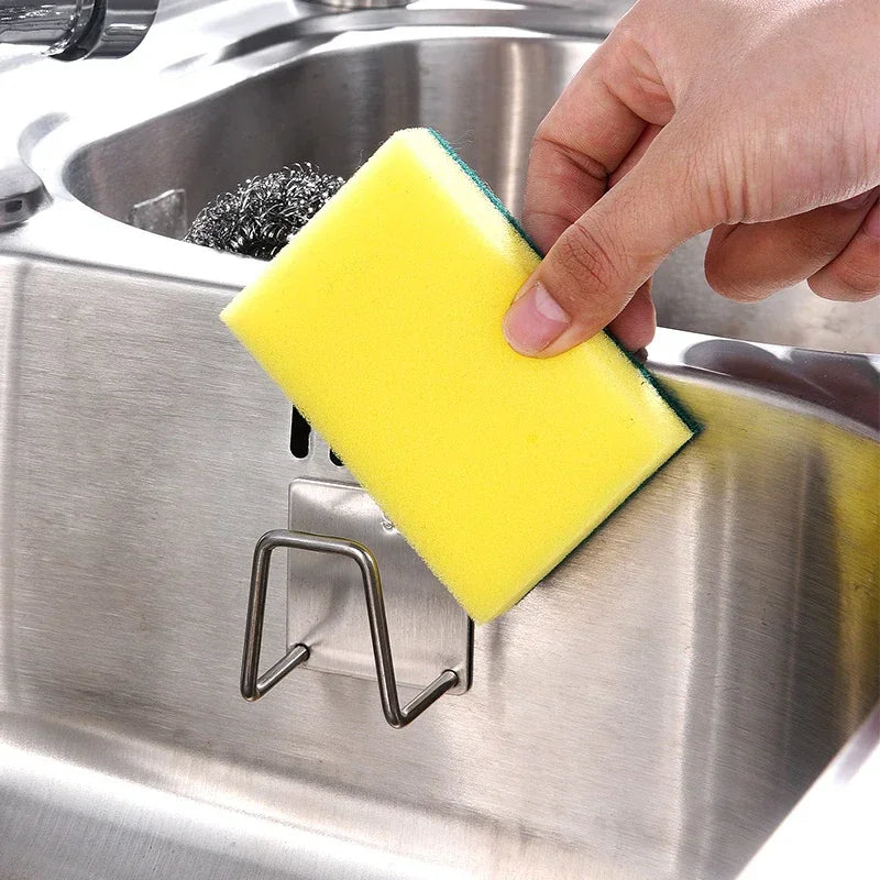 Kitchen Wall Hooks Accessories Storage Organizer Self Adhesive Drain Drying Rack Stainless Steel Sink Sponges Holder