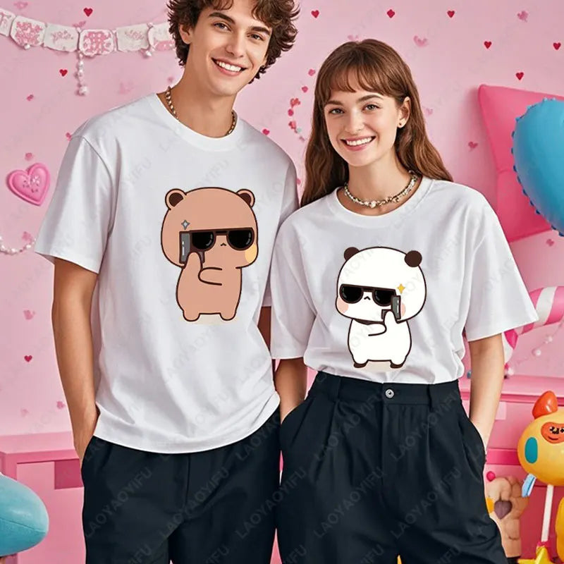 Kawaii Bubu Dudu Couple Shirt Bear Panda Are Spy Love Things Couple Do Tshirt Cute Matching Cotton T-shirt Man Woman Casual Tees