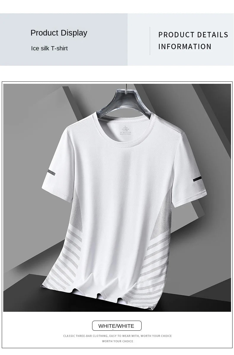 Running T-shirt Men Summer Ice Silk Thin Top Reflective Printing Quick Dry Short Sleeve Breathable Fitness Sports T-shirt 5XL