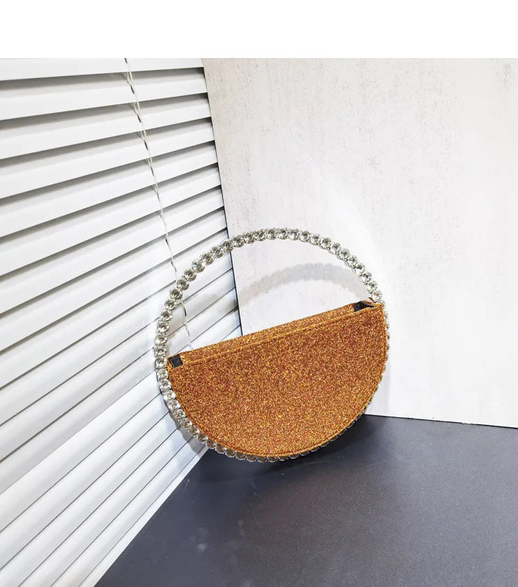 Lady Blue/Pink Diamond Circular Evening Bag Women Fushia Round Handle Rhinestone Dinner Clutch Purse Ladies Half Moon Handbags