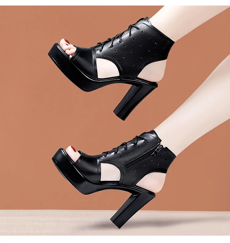 8cm 10cm Small Size 32-43 Fashion Black Block High Heels Gladiator Sandals 2024 Women's Platform Shoes for Office Model Mom