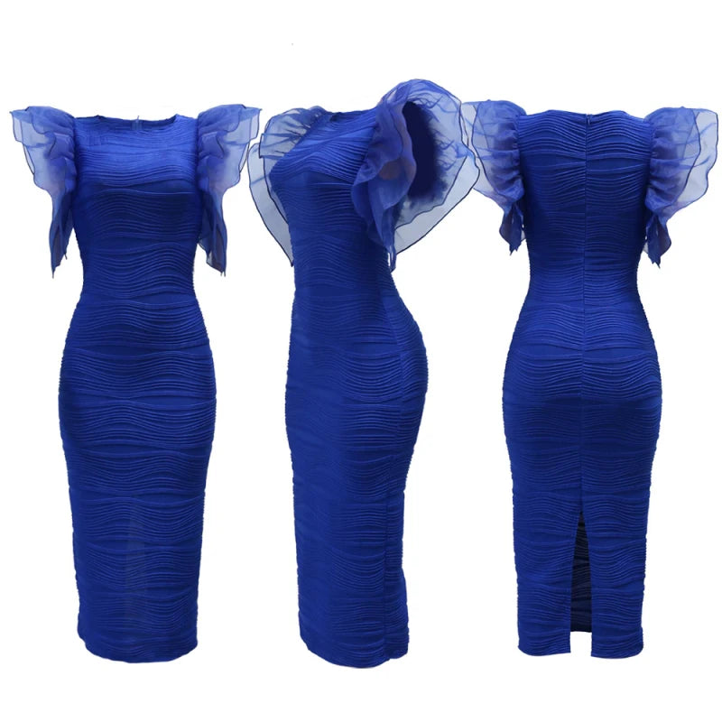 New African Fashion Women Dress O Neck Ruffle Sleeves Package Hips Bodycon Dress Office Lady Evening Birthday Party Vestidos