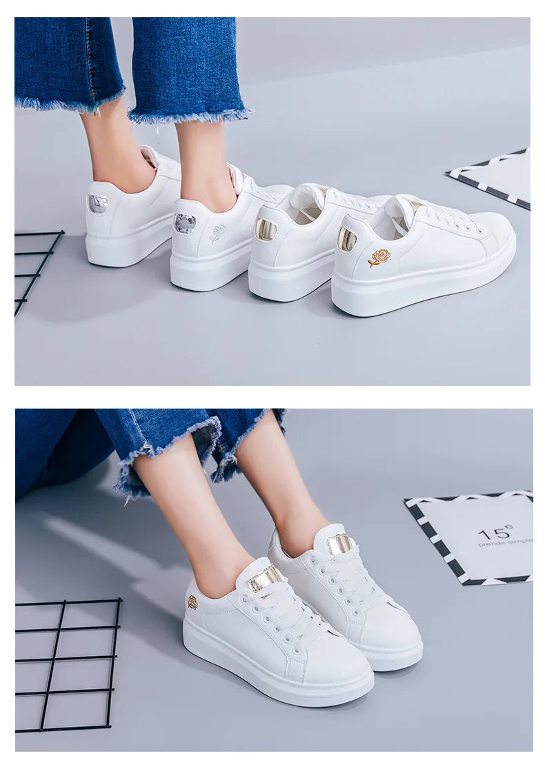 Fashion White Breathable Women Running Shoes 2023 Spring Autumn Embroidered Flower Lace-Up Casual Sneakers Zapatos De Mujer