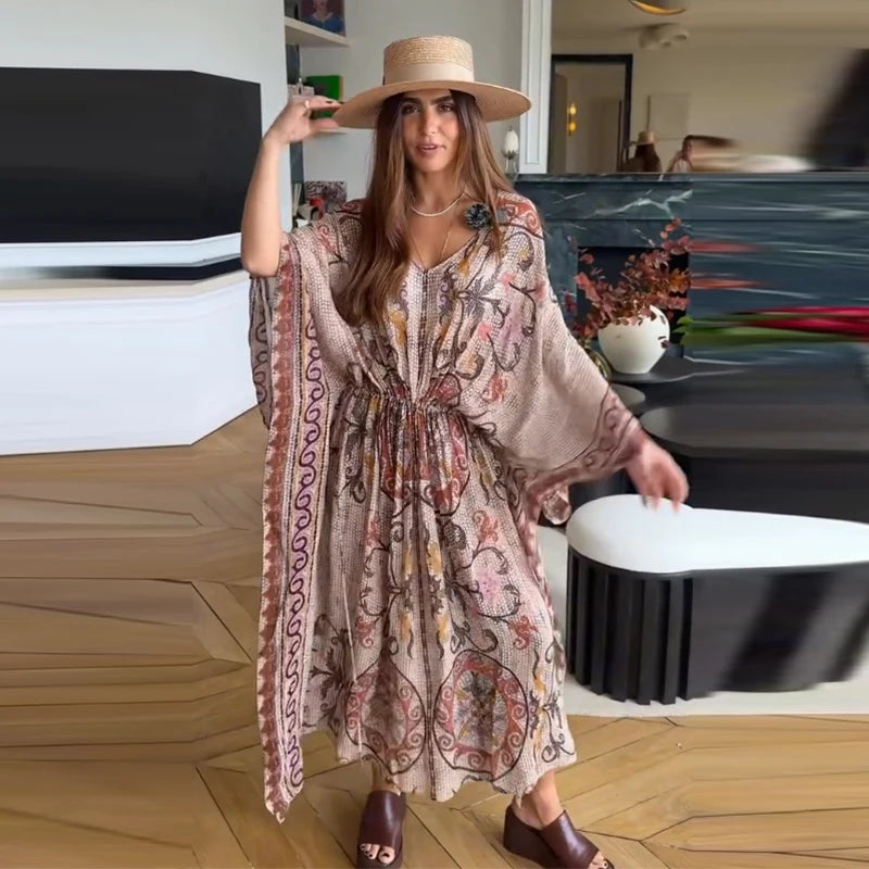 Women V Neck Vintage Vine Print Batwing Sleeve Maxi Dress Drawstring Waist Loose Flare Long Dress Mesh Texture Beach Vacation