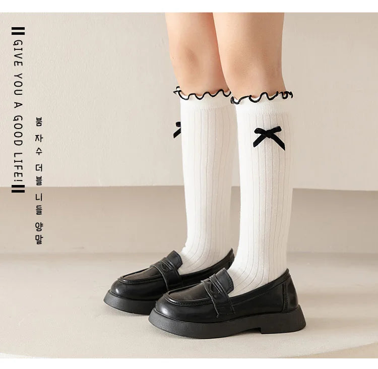 1 Pair Chic Simplicity Kids Girl Sock Sweet Fashion Bow Ruffle Bow Children Girl Calf Sock Spring Autumn Cotton School Sock