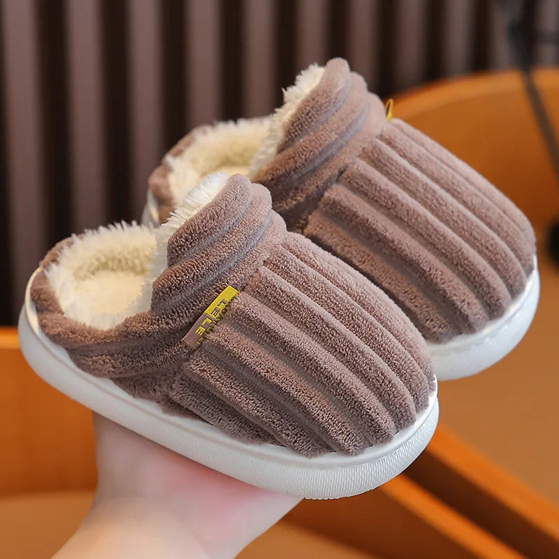 Winter children's cotton slippers for boys and girls, anti slip and warm bags, and parent-child fuzzy and plush home baby cotton