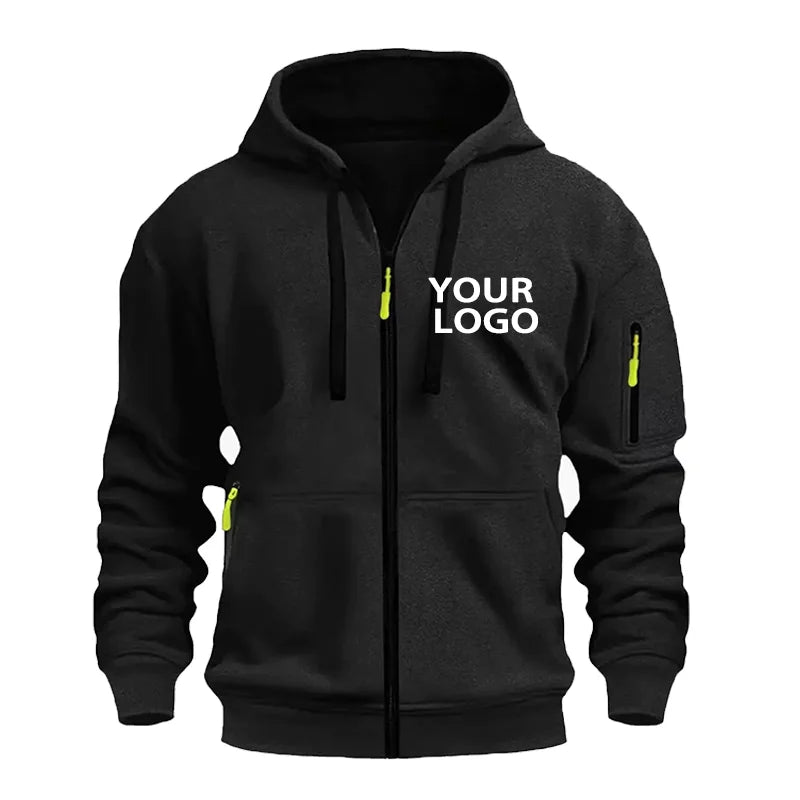 DIY Custom Logo Men's Casual Sports Hoodie Full-Zip Pocket Sweatshirt Fashion Arm Pocket Outdoor Long-Sleeve Pullover Hoodie