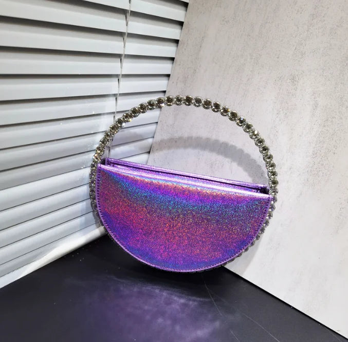 Lady Blue/Pink Diamond Circular Evening Bag Women Fushia Round Handle Rhinestone Dinner Clutch Purse Ladies Half Moon Handbags