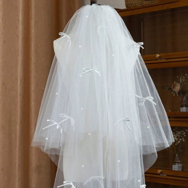 Bride Veil Studded Bowknot Beaded Head Covering Wedding Hair Covering White Wedding Veil Headscarf Short Veil DropShip