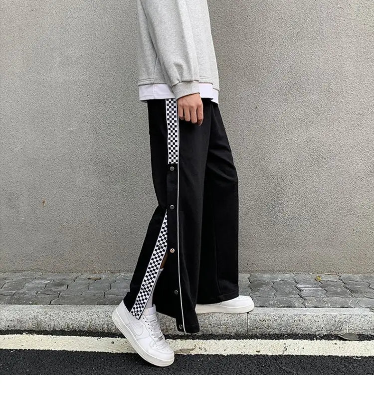 Split Reflective Stripe Casual Pants Unisex Trendy Patchwork Button Pants Spring Summer Straight Loose Sports Pants