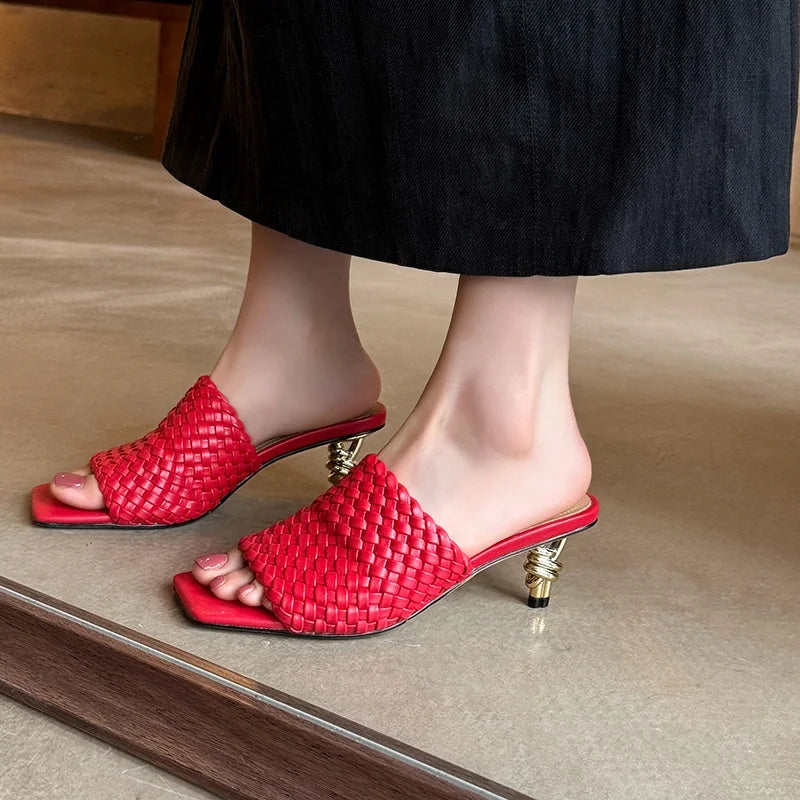 Summer Sandals Women Concise Style Slippers Weave Sandals for Girls Sexy Kitten Heel Elegant Dress Party Wedding  Sandalias