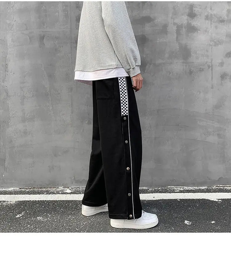 Split Reflective Stripe Casual Pants Unisex Trendy Patchwork Button Pants Spring Summer Straight Loose Sports Pants