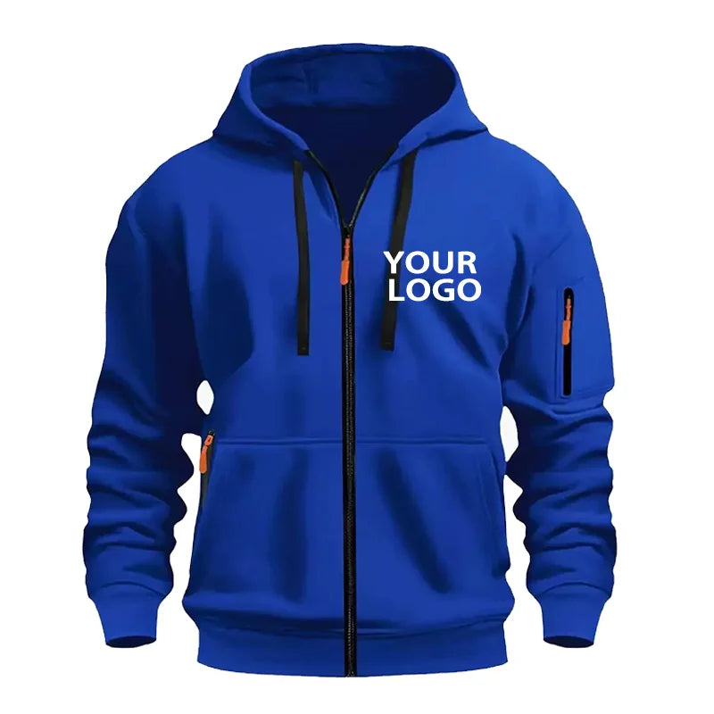 DIY Custom Logo Men's Casual Sports Hoodie Full-Zip Pocket Sweatshirt Fashion Arm Pocket Outdoor Long-Sleeve Pullover Hoodie
