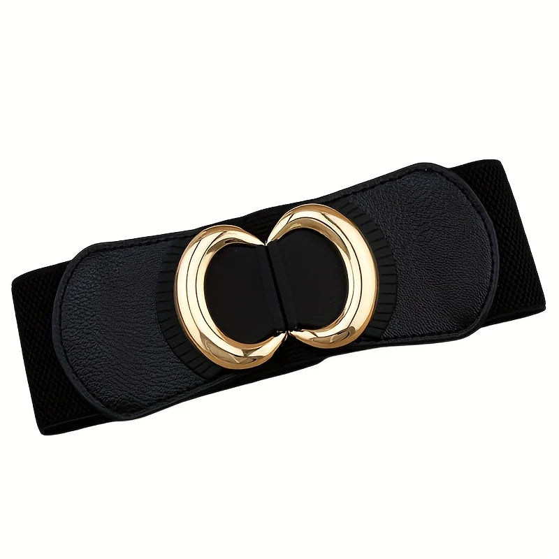 Vintage Buckle Wide Elastic Belt Black Waistband Solid Color Decorative Belts Dress Girdle For Women