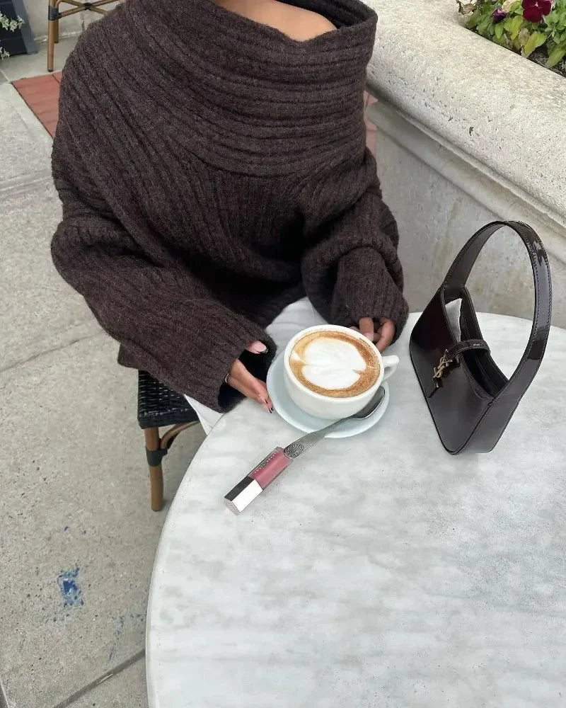 Tuularose Women's Off-Shoulder Sweater Fashion Loose Casual Brown Retro Pullover Spring High Street Office Lady Tops Knitwear