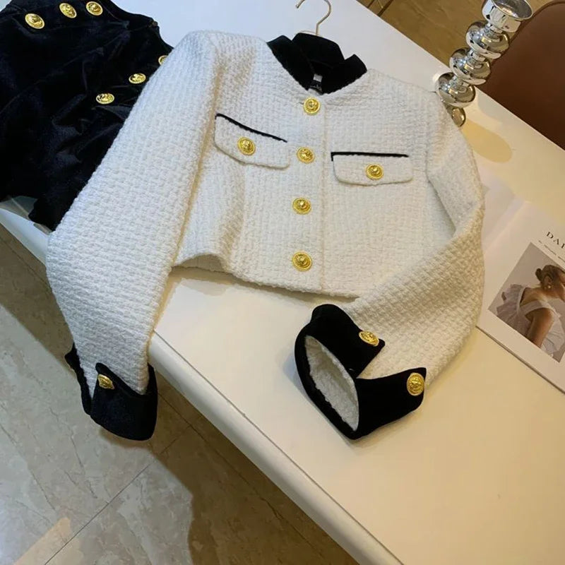 Fashion Stitching Tweed Short Jacket Women Autumn Winter Elegant Office Lady Coat Y2K Korean O Neck Single Breasted Crop Outwear