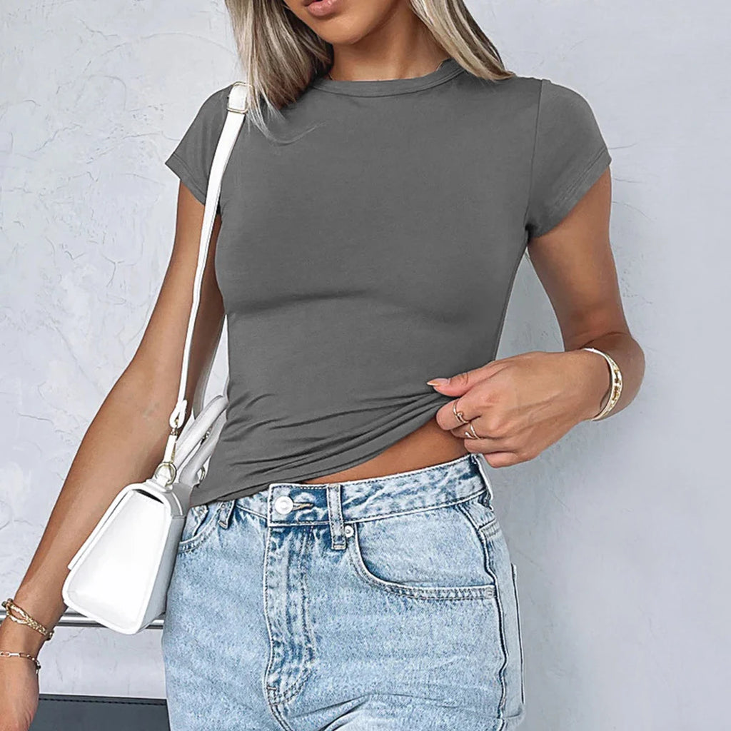 Women's Summer Loose Half Sleeve T-Shirt Tops O-Neck Waist Slimming Sweet Hottie Design Sense Positive Shoulder Chic Tees Top