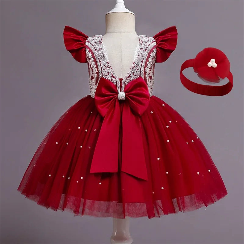 12M Baby Girl Princess Dress Infant One Year Birthday Outfits Toddler Girl Flower Bow Evening Party Tutu Gown Kids Gala Clothes