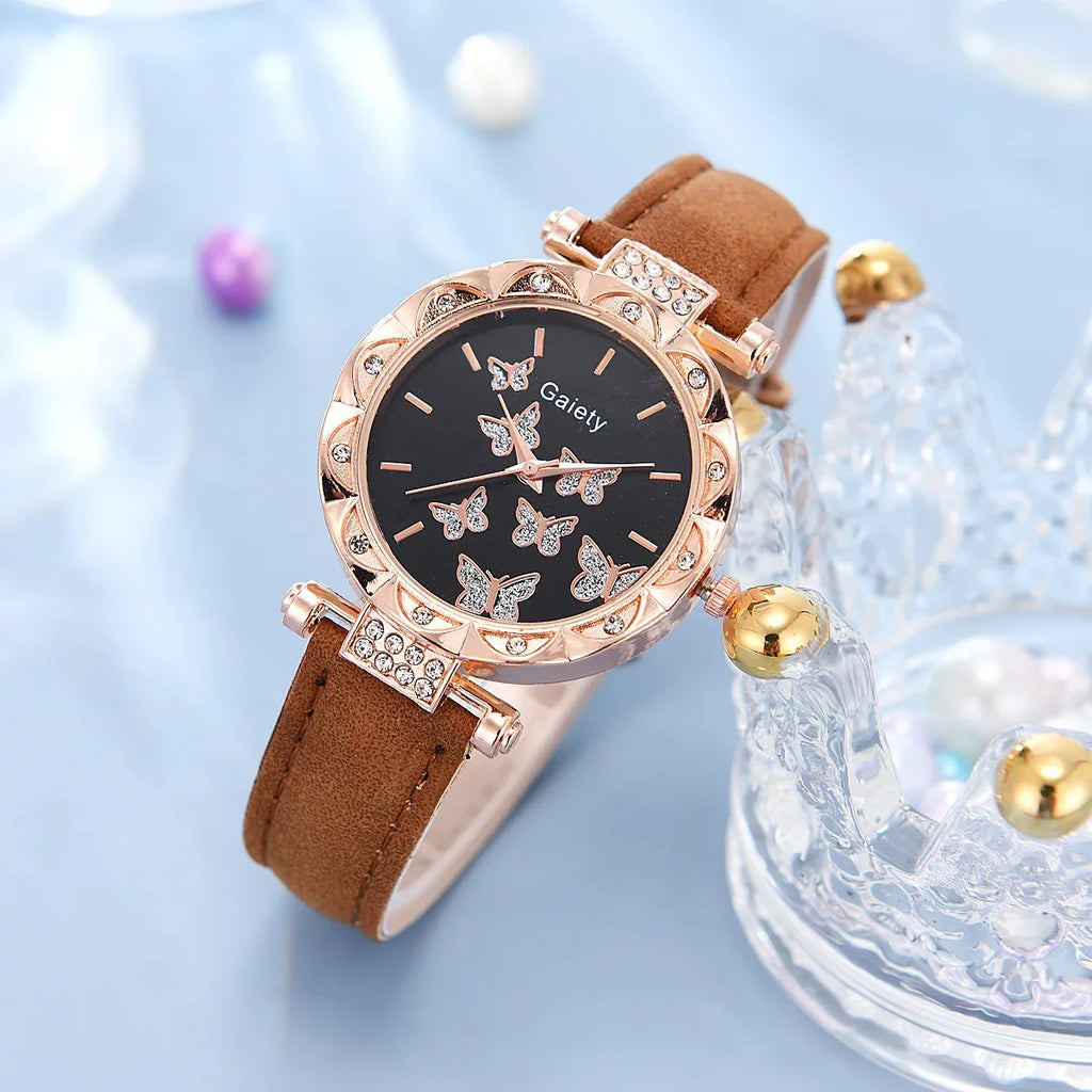 6/1pcs Set Watch for Women Cute Butterfly Crystal Rhinestone Women Watches Ring Necklace Earrings Bracelet Set (No Box) 시계