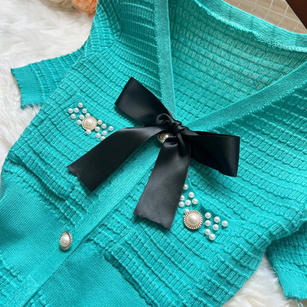 YuooMuoo Chic Fashion Sexy Wrap Hip Knitted Summer Dress Women Bow V-neck Short Sleeve Elegant Office Lady Bodycon Sweater Dress