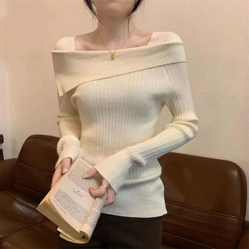Solid Sexy Slim Off Shoulder Slash Neck Long Sleeve Knitting Sweater  Women Jumpers Office Fashion New