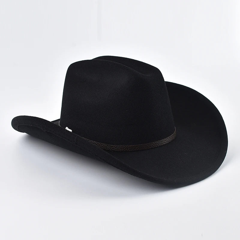 Unisex Western Cowboy Hat With Leather Vintage Big-edge Gentleman Cowgirl Jazz Hat Cloche Church Sombrero Hombre Caps