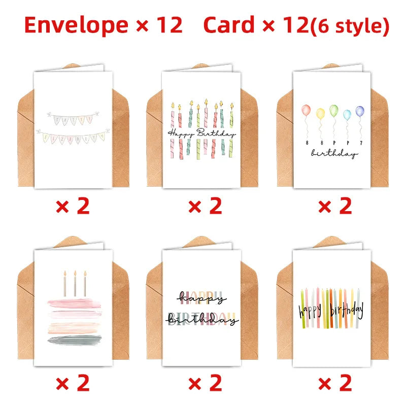 12/24pcs Birthday Card Set with Envelopes - Unique Birthday Gift Cards  - Elegant & Colorful Designs with Balloons,Confetti,Cake