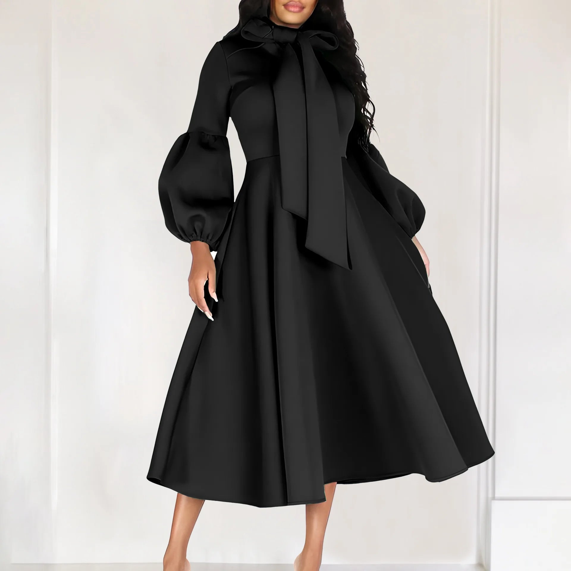 Elegant Dresses for Women Bow Collar Full Sleeve High Waisted A Line Mid Calf Luxury Female Birthday Party Dinner Vestidos Mujer