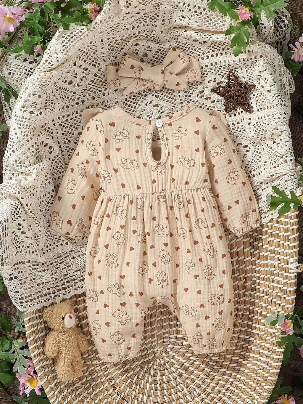 Baby Girl's All Seasons Long Sleeve Print Floral With Bow Daily Jumpsuit For Newborn-6M Clothes +Headband