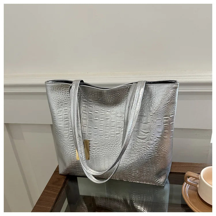 Fashion Casual Women Shoulder Bags Silver Gold Black Crocodile Handbag PU Leather Female Big Tote Bag Ladies Shopping Bag