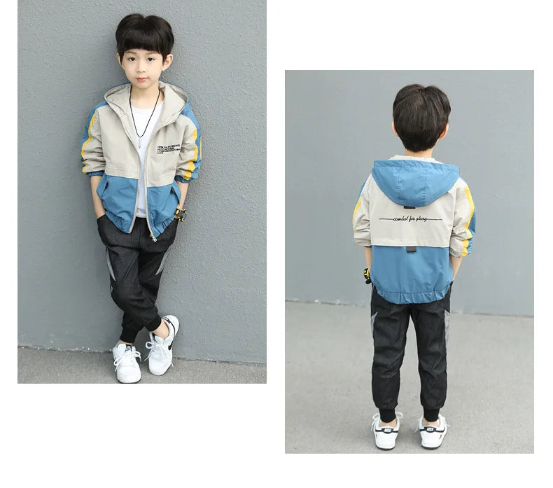 2025 New Splicing Boys Coat Spring Autumn Letter Printing Handsome Hooded Windbreak For 4-12 Years Kids Sports Leisure Outerwear