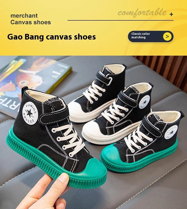 2025 New Children's High-Top Canvas Shoes Boys and Girls Ins Tide Soft Bottom Sneakers with Breathable Casual Board Shoes